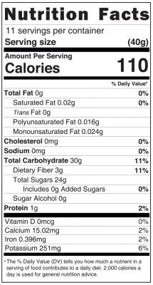 Nutrition Facts per serving (40) : 110 calories, 30g carbohydrates, 3g dietary fiber, 24g total sugars includes 0g added sugar , 1g protein.