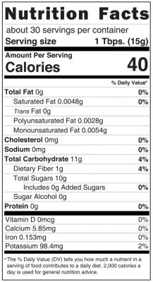 Nutrition Facts per 1 tbsp (15): 40 calories, 0g fat, 11g carbohydrates, 1g dietary fiber, 10g sugars includes 0g added sugar.