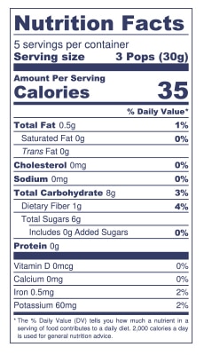 Nutrition Facts per serving 3 pops (30g) : 35 calories, 0.5g total fat, 8g carbohydrates, 1g dietary fiber, 6g total sugars includes 0g added sugar .